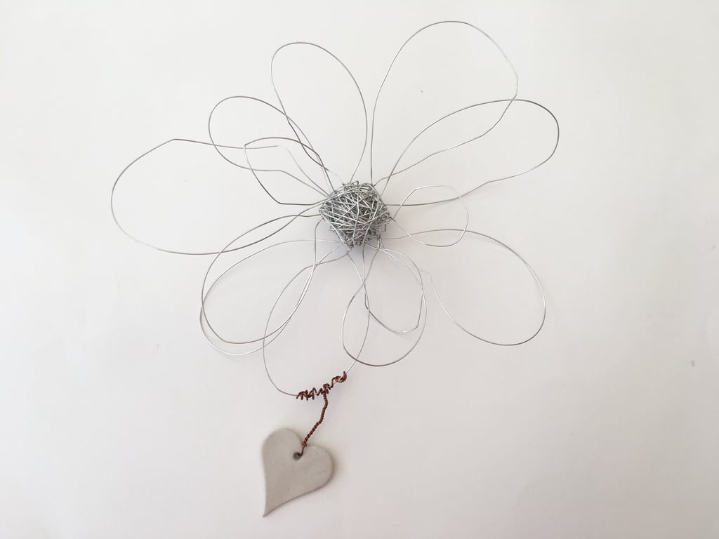 Wire art flower sculpture, wall art, silver wire flower with attached clay heart