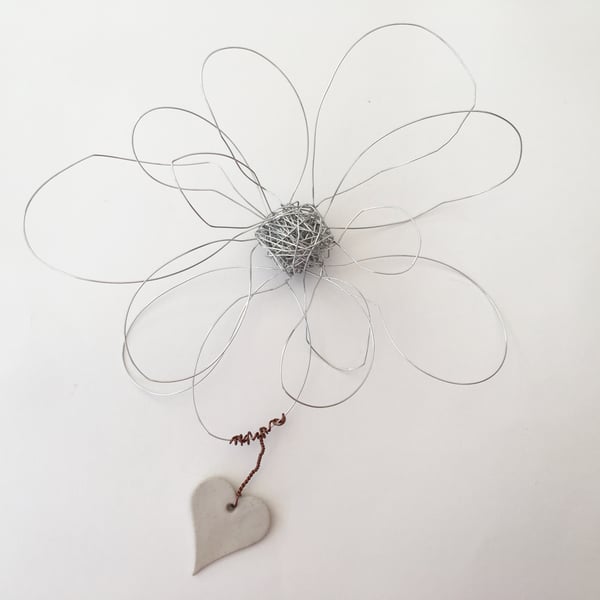 Wire art flower sculpture, wall art, silver wire flower with attached clay heart