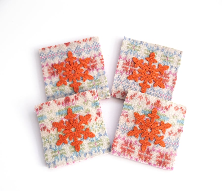 Snowflakes - felted wool coasters made out recycled wool , set of 4