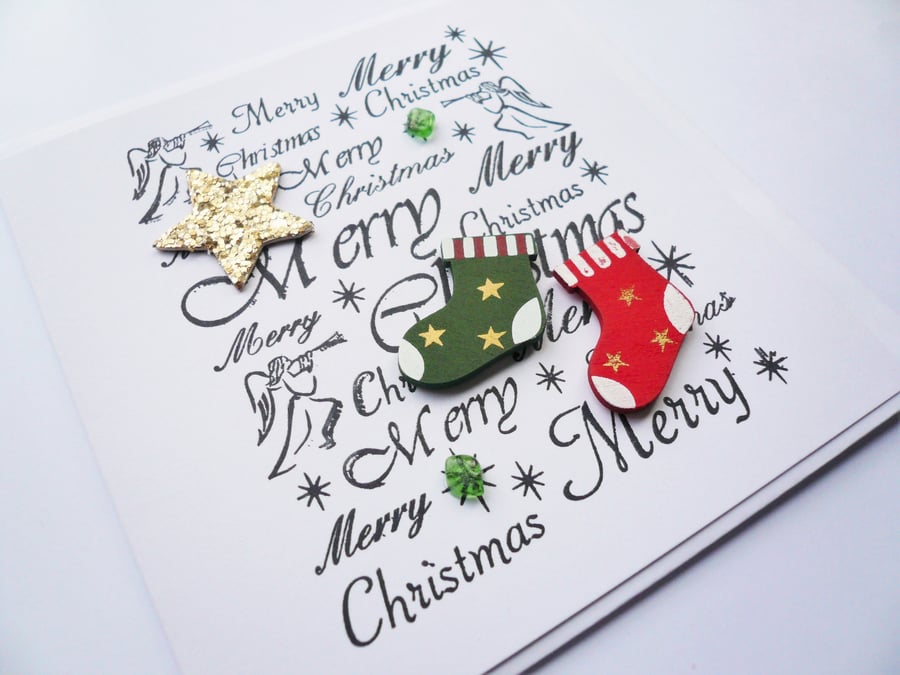 Red Green and Gold Christmas Stockings and Star Sea Glass Christmas Card