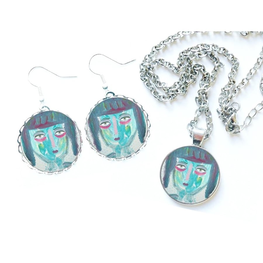 Quirky Girl Earrings Or Pendant Necklace Blue Boho Folk Art Arty Jewellery