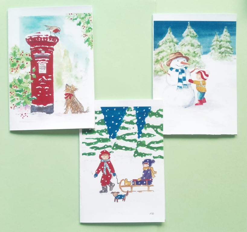 Set of Three Christmas Cards, A blank inside and envelopes included