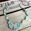 Artisan Ceramic Butterfly Necklace. Pastel Statement Necklace. Rustic Pendant