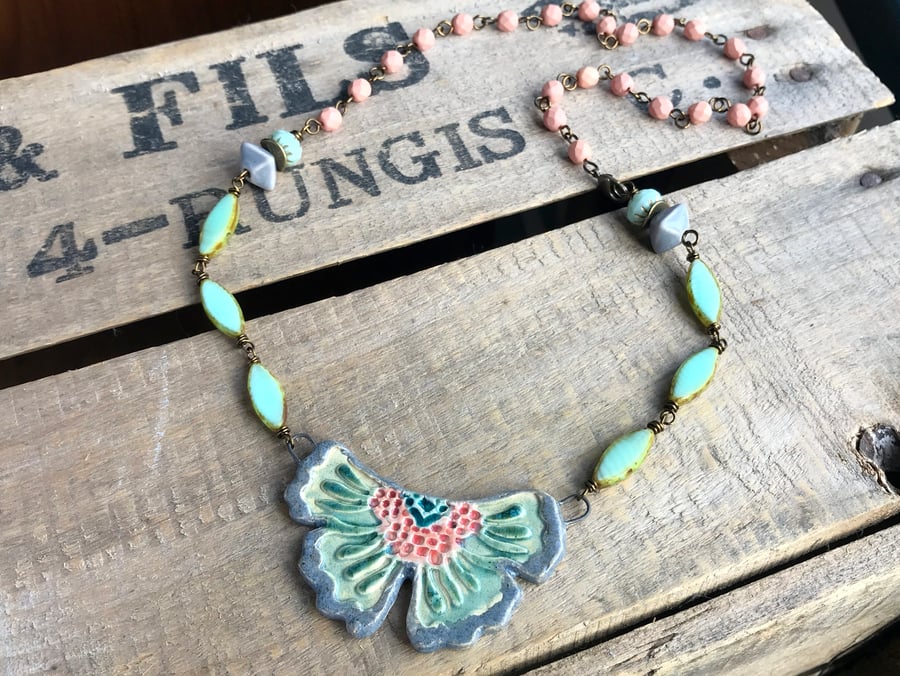 Artisan Ceramic Butterfly Necklace. Pastel Statement Necklace. Rustic Pendant
