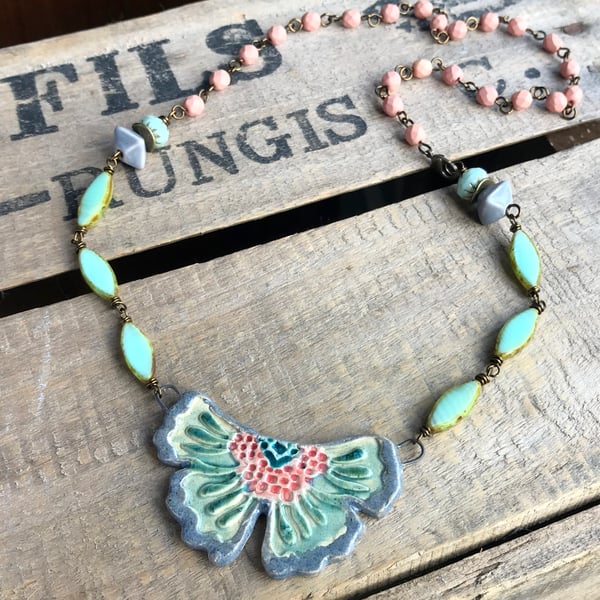 Artisan Ceramic Butterfly Necklace. Pastel Statement Necklace. Rustic Pendant