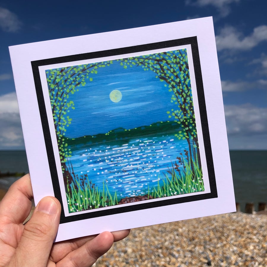 Lakeside View at Moonlight of a Fishing Spot Card Print with Glitter Finish