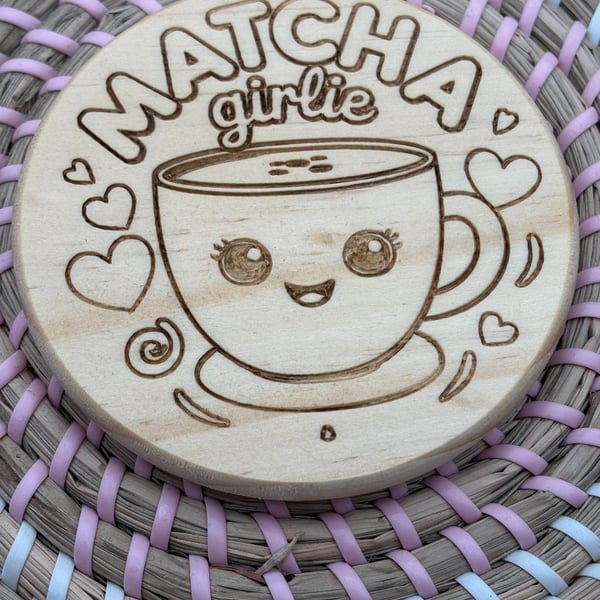 Wooden Coaster - Matcha Girlie - 10cm Round Design - Laser engraved