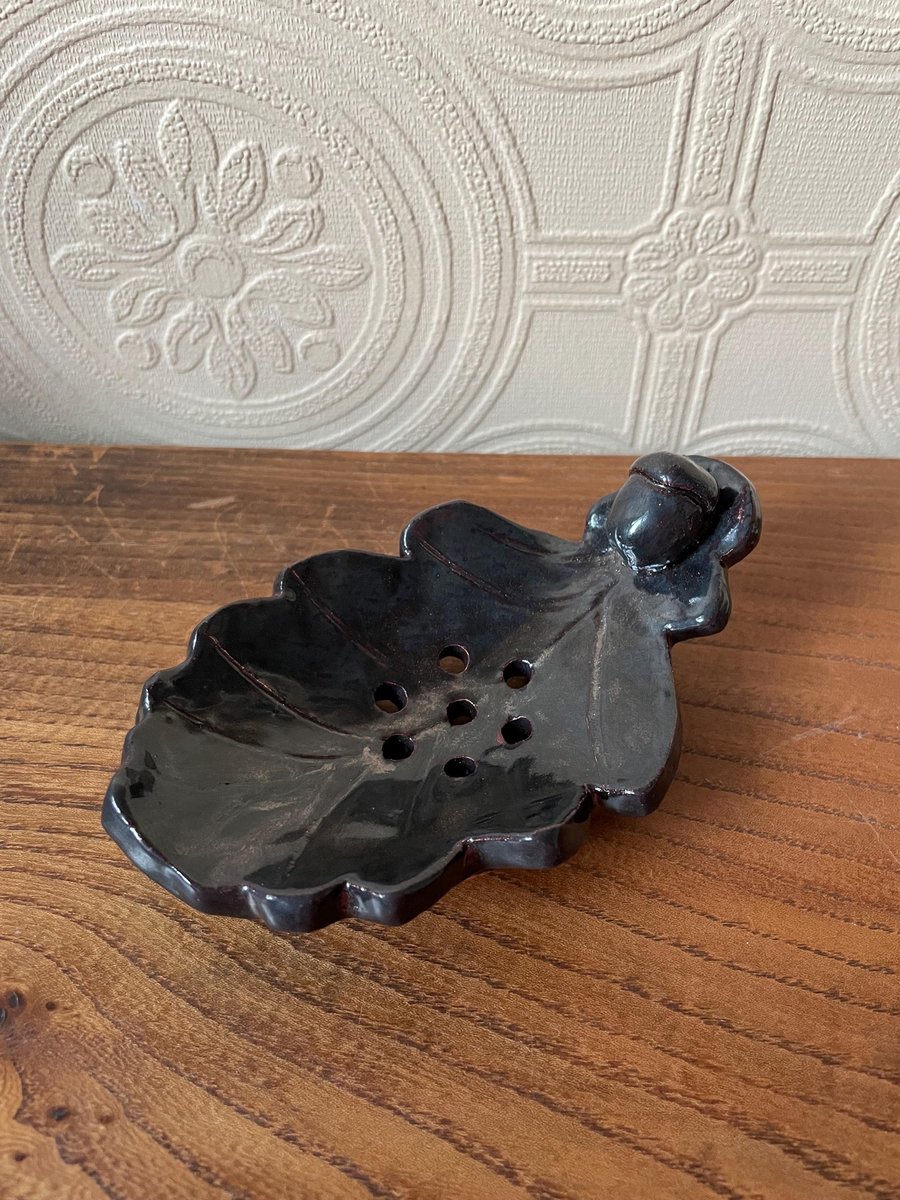 Oak Leaf ceramic handmade soap dish with acorn - copper gold - interior design