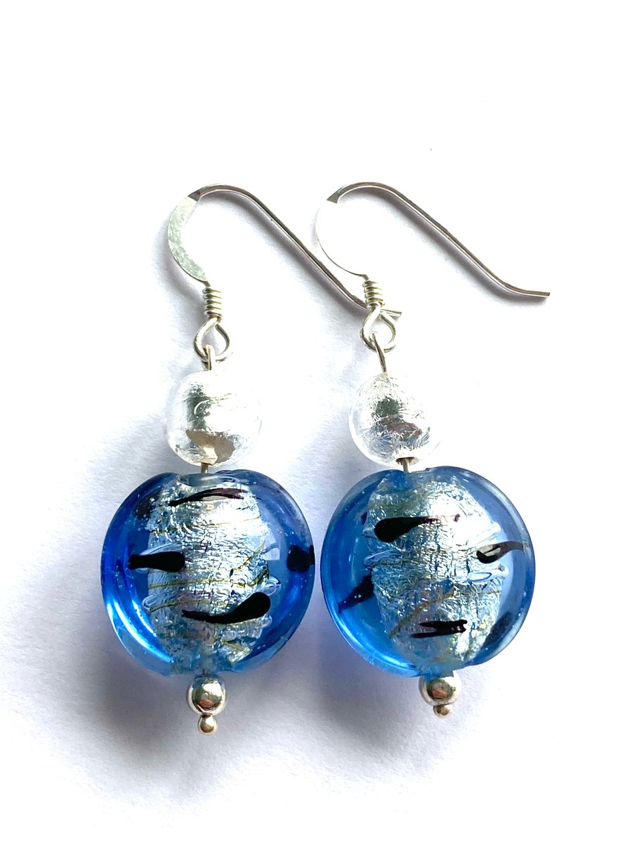 Murano glass blue and silver earrings with sterling silver.