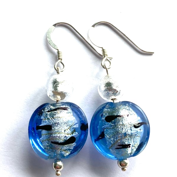 Murano glass blue and silver earrings with sterling silver.