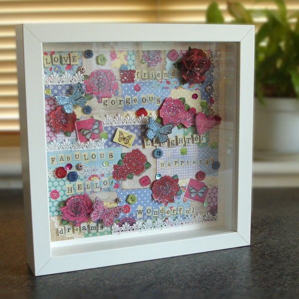 Roses and Butterflies framed collage art