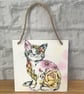 "Rosie" the cat.  Vintage floral wooden wall plaque picture. - Image 1