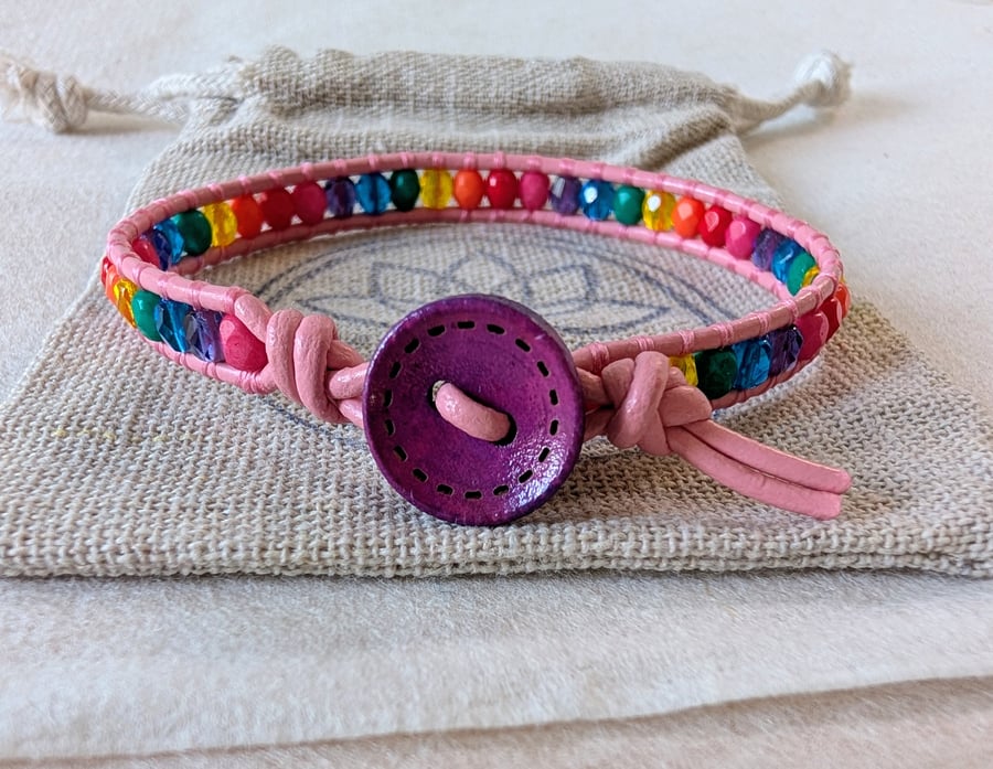Pink leather bracelet with rainbow coloured glass beads, Pride bracelet 