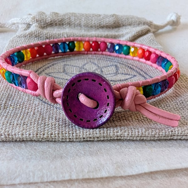 Pink leather bracelet with rainbow coloured glass beads, Pride bracelet 