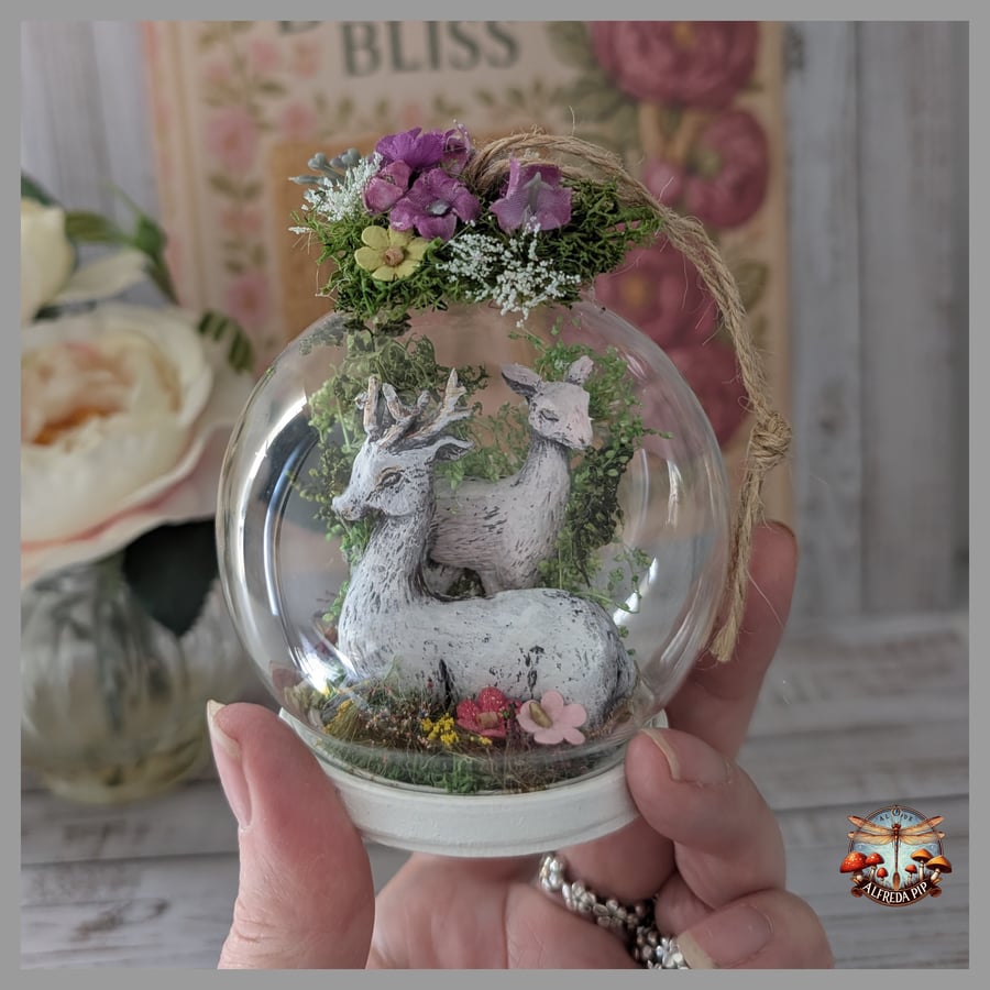 Deer in a flowering magical Forest Hanging Glass Dome OOAK Handmade