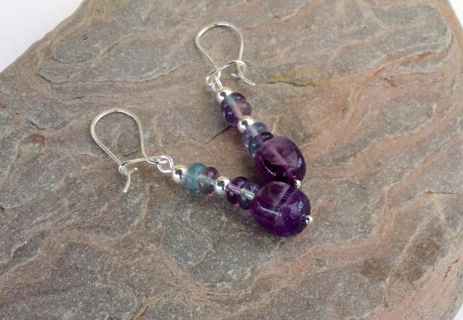 Sterling Silver and Gemstone Drop Earrings with Amethyst and Fluorite,  E118