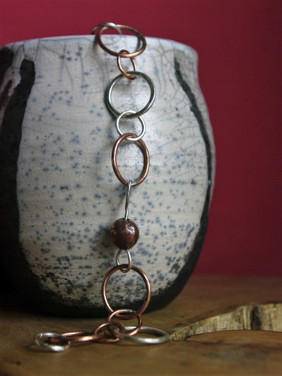 Silver and Copper  chunky link bracelet with Copper Ball