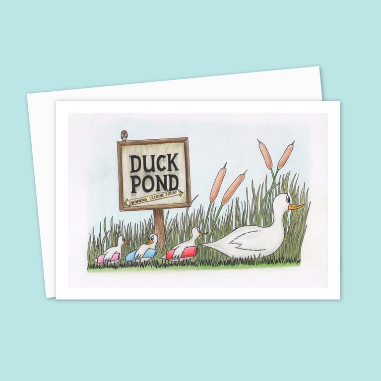 Cute Ducks Greeting Card: Pencil Illustration of a Duck Family Outing (213)