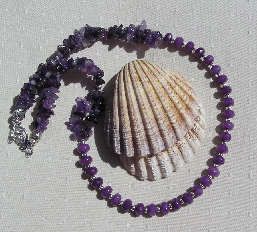 Purple Jade & Amethyst Gemstone Statement Necklace "Violet Cascade" Free UK Post