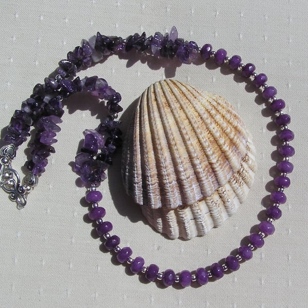Purple Jade & Amethyst Gemstone Statement Necklace "Violet Cascade" Free UK Post