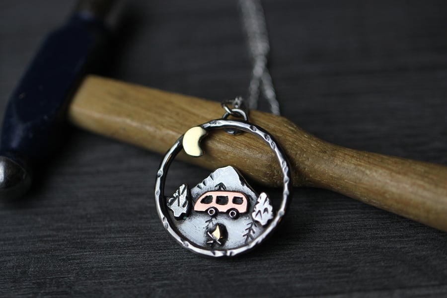 Campervan necklace - Sterling silver, copper and brass
