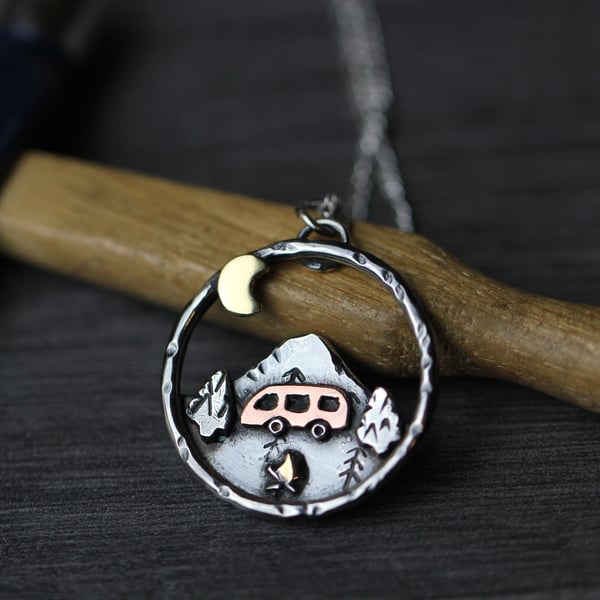 Campervan necklace - Sterling silver, copper and brass
