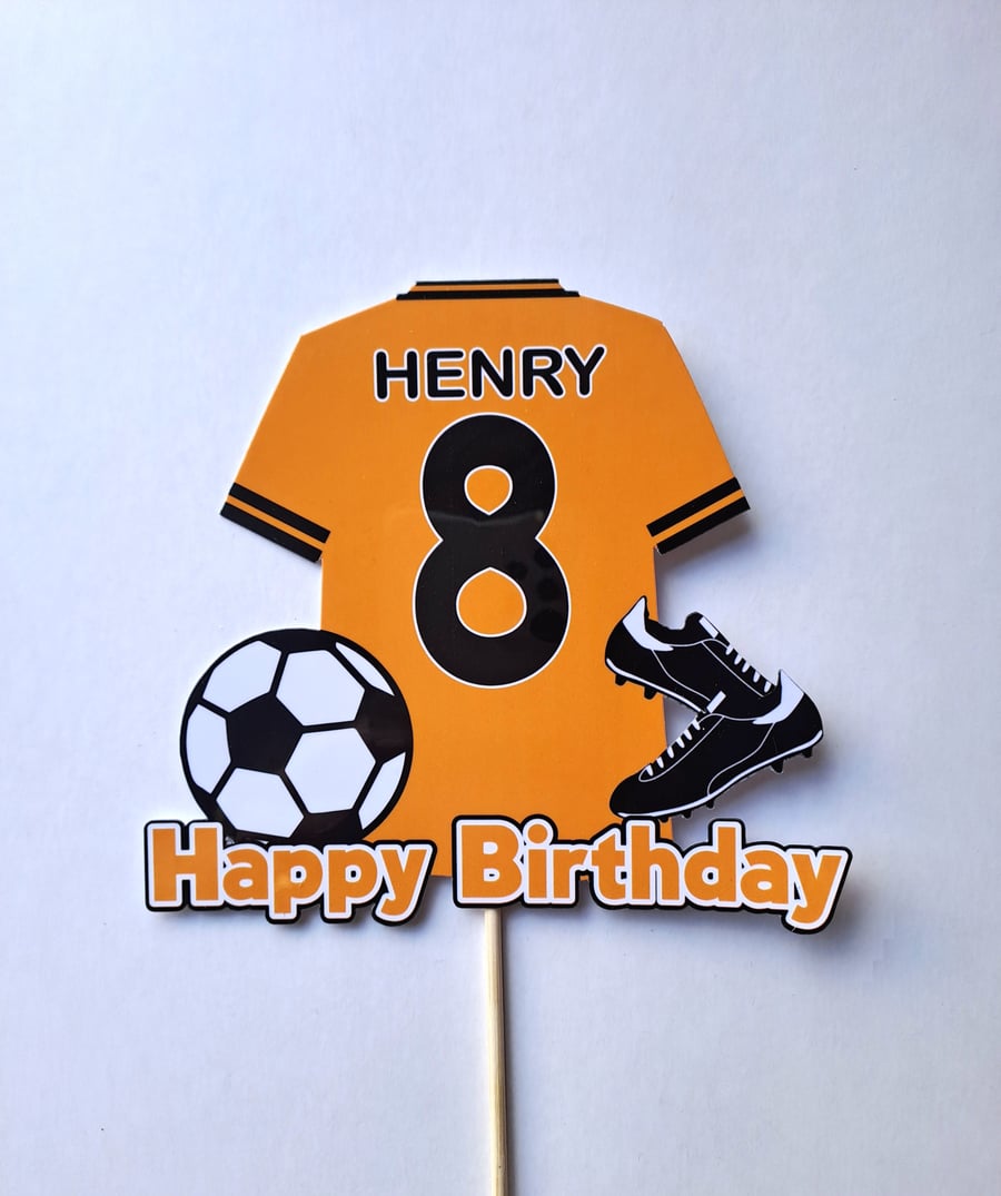 Wolves style cake topper personalised. Football cake topper.