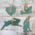 Set of four copper verdigris decorations - Heart, Dove, leaping and gazing hares