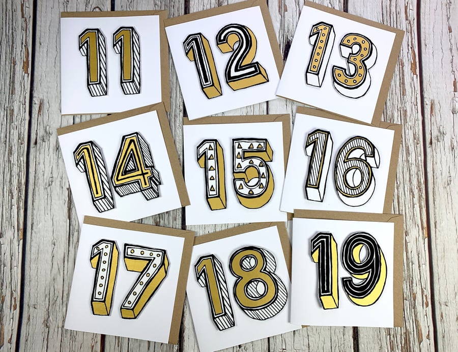 Handmade Teenage Birthday Card. Personalised Greetings Card. Numbers Ages