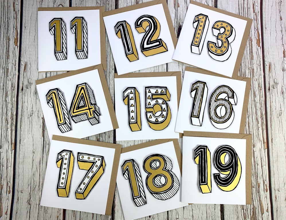 Handmade Teenage Birthday Card. Personalised Greetings Card. Numbers Ages