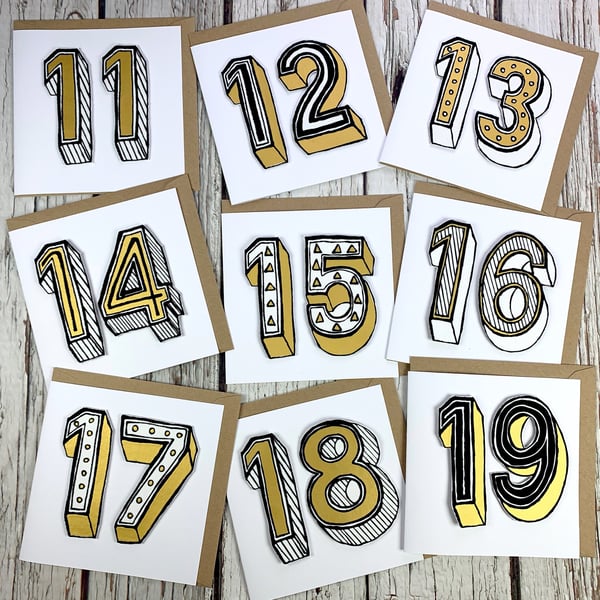 Handmade Teenage Birthday Card. Personalised Greetings Card. Numbers Ages