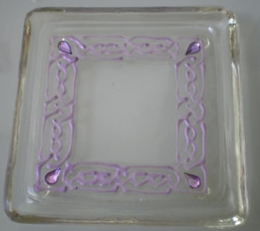 Square Glass Coaster with Celtic square in purple & teardrop beads in corners