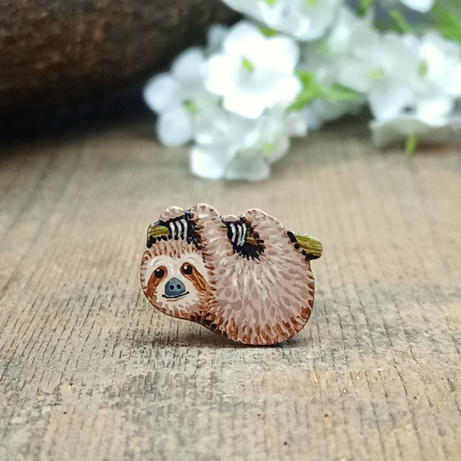 Sloth Pin, Handmade Tiny Wooden Painted Brooch