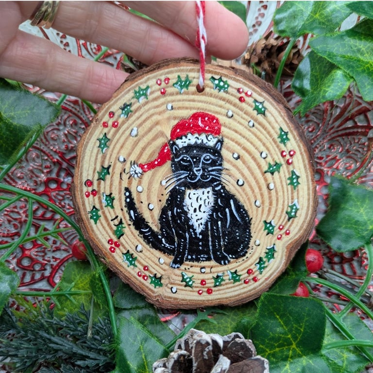 Black and White Cat hand-painted Christmas log slice decoration 