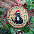 Black and White Cat hand-painted Christmas log slice decoration 