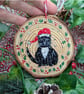Black and White Cat hand-painted Christmas log slice decoration 