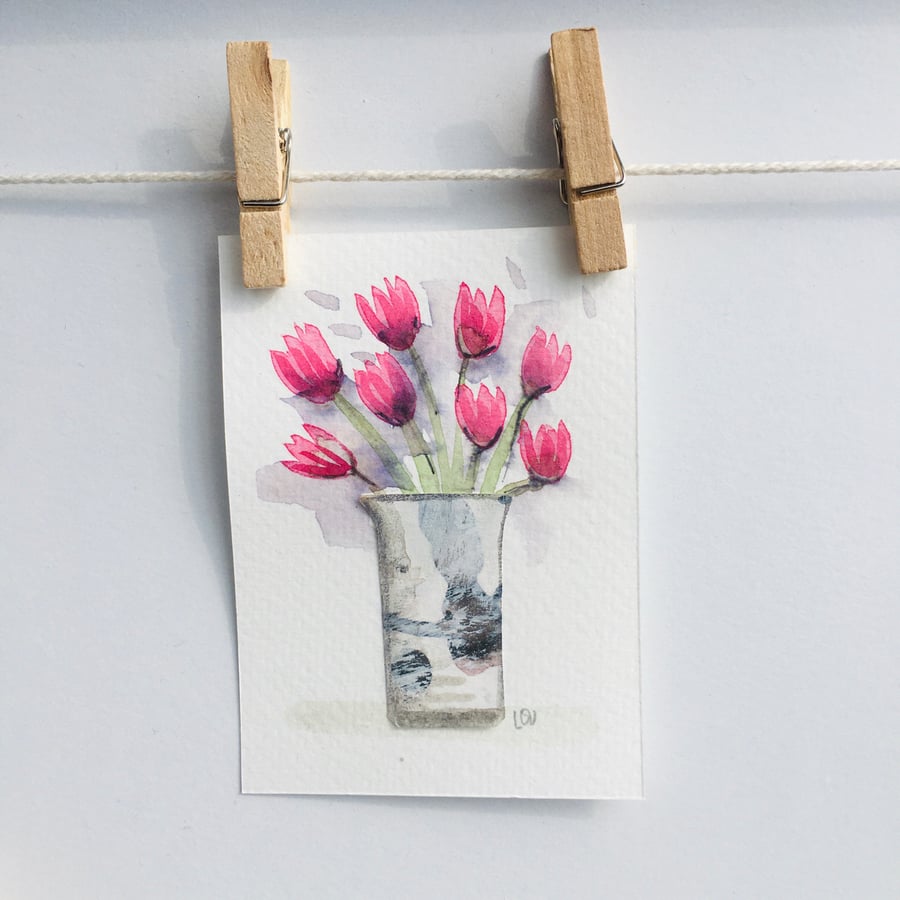 Original watercolour and collage miniature ACEO flower and jug still life 