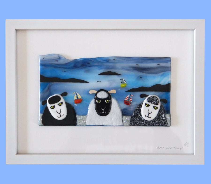 Handmade Fused Glass 'Three Sheep' Picture