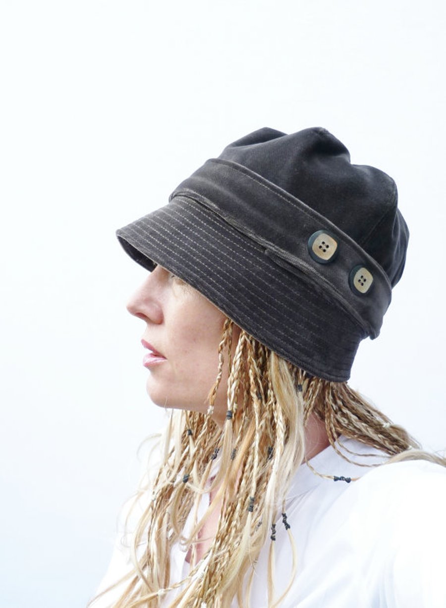 Cloche Hat - Charcoal Gray Cotton Velvet