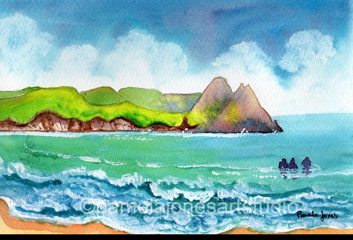 Bathers, Three Cliffs Bay, Gower, Original Watercolour, in 14 x 11 " Mount