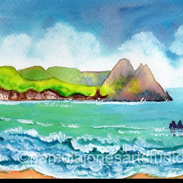 Bathers, Three Cliffs Bay, Gower, Original Watercolour, in 14 x 11 " Mount
