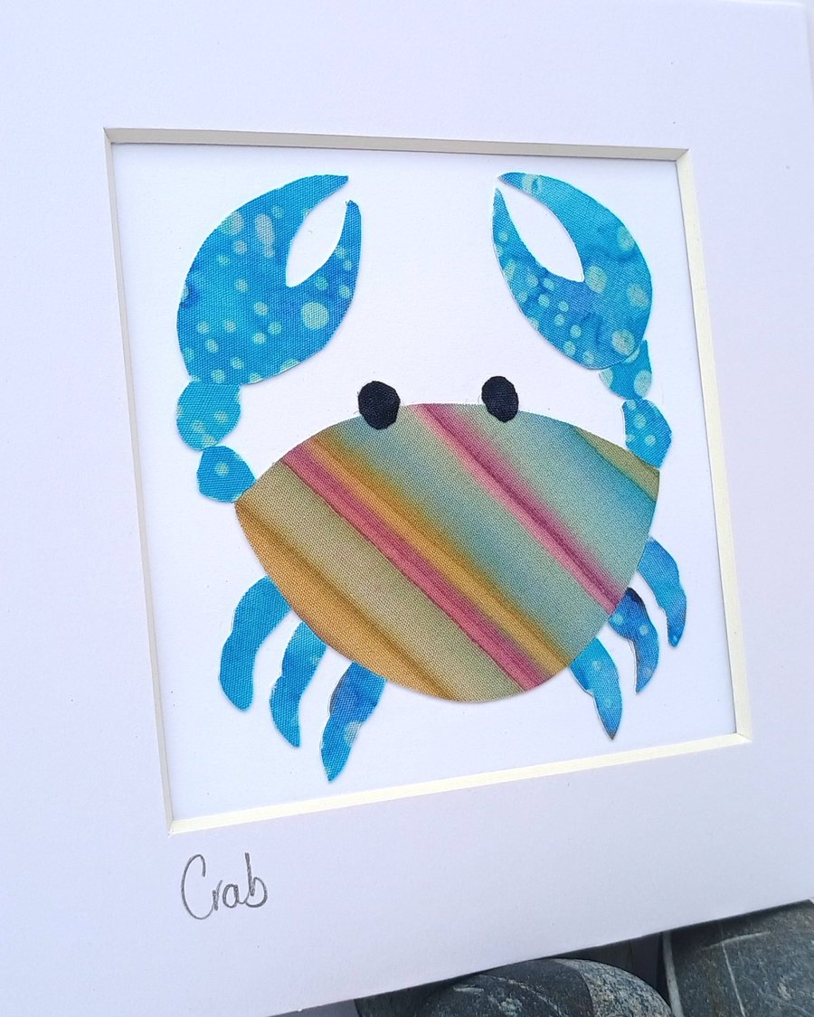 A multicoloured batik 'Crab' fabric picture - 6x6 inches including mount