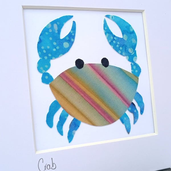 A multicoloured batik 'Crab' fabric picture - 6x6 inches including mount