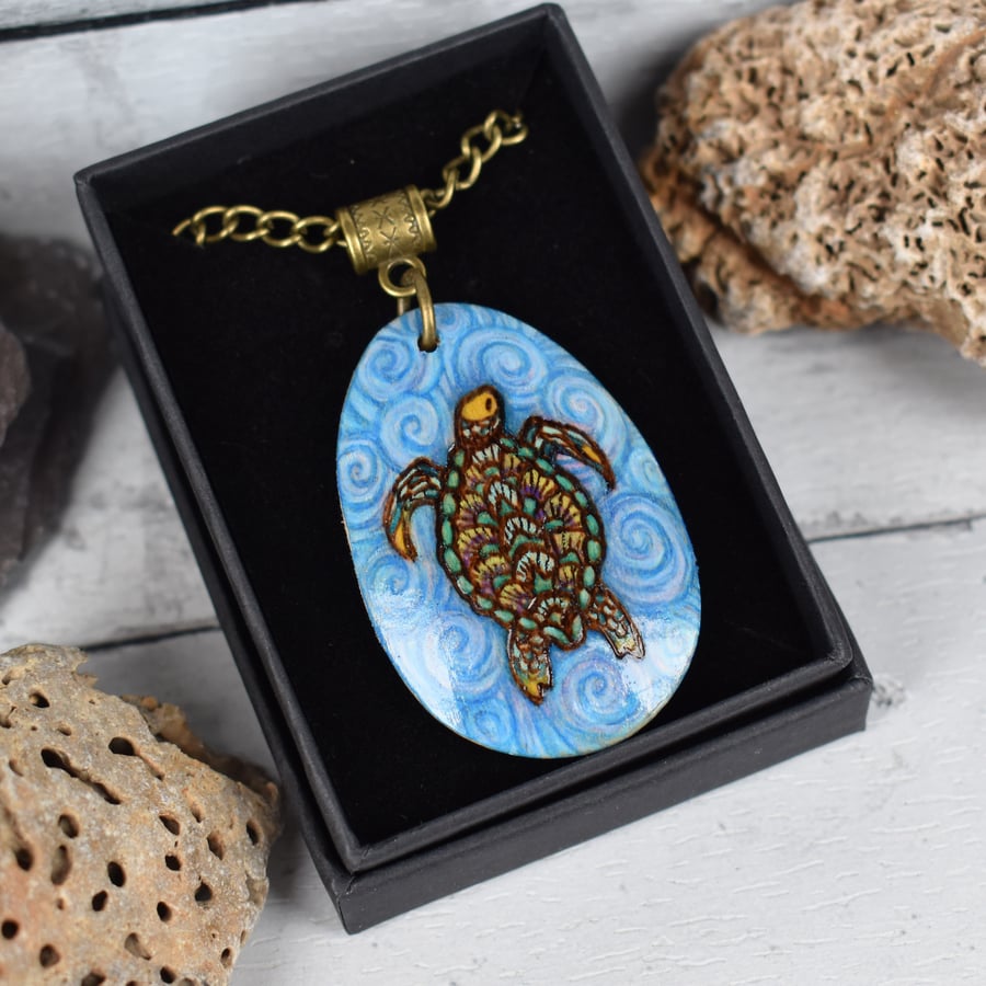 Turtle at Sea. Pyrography sea turtle wooden pendant.