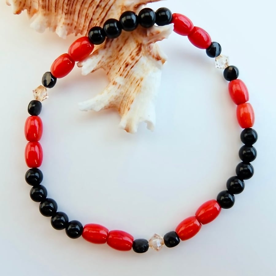 Red Bamboo Coral, Onyx & Spinel  Bracelet - Birthday, Anniversary, Gift For Her