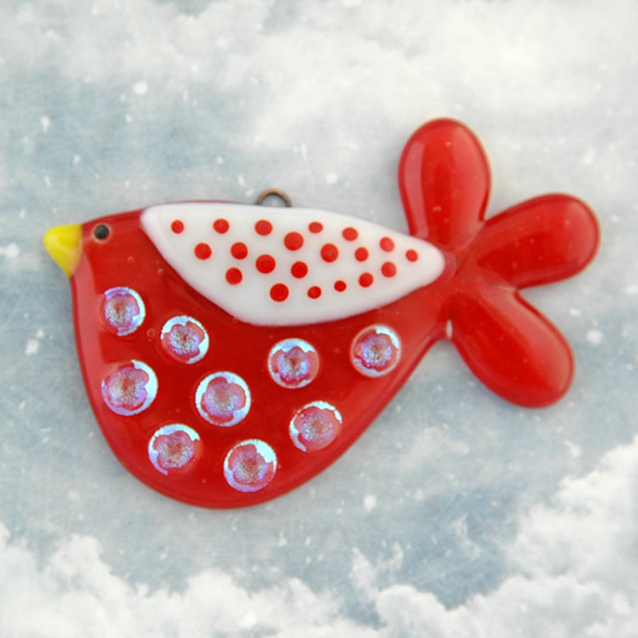 Red Fused Glass Spotty Bird Decoration