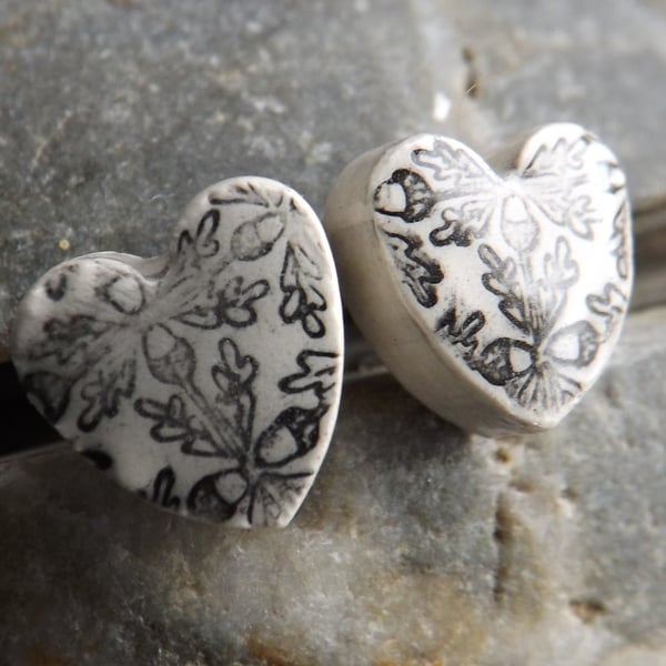 Handmade Ceramic and sterling silver Oak Leaf Heart stud earrings in black