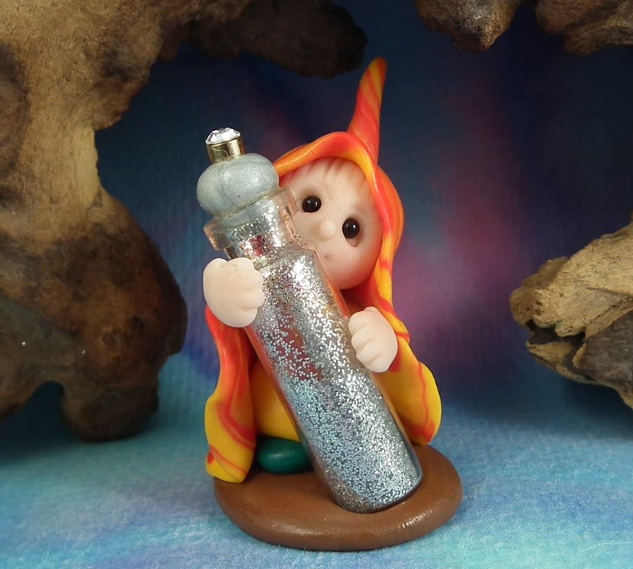 Tiny Gnome 'Inglis' the Forager with glass vial faerie dust  Ann Galvin