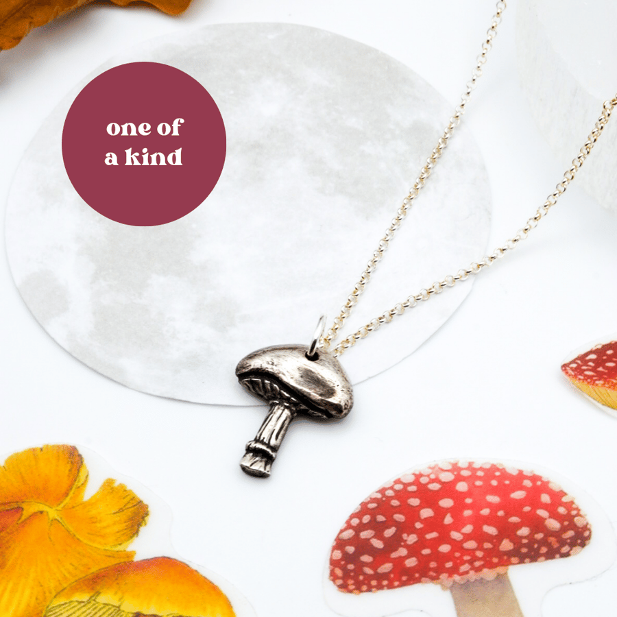 Mushroom Necklace - Solid Fine Recycled Silver Fungi Woodland Fairy Necklace