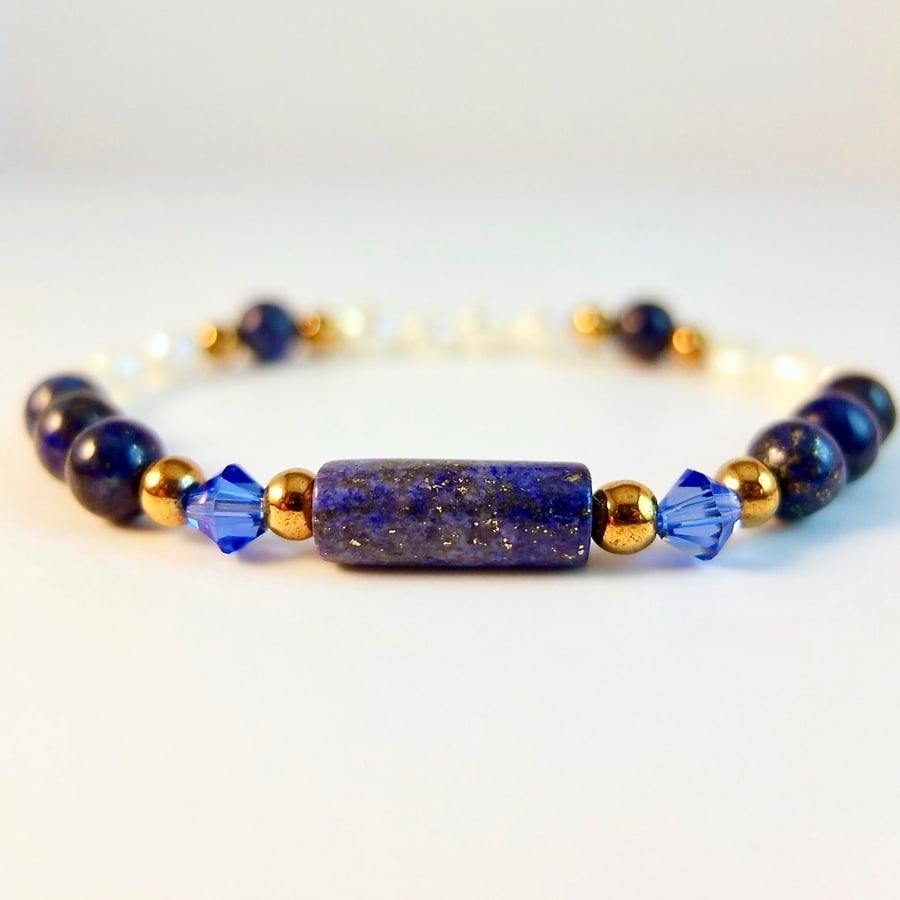Lapis Lazuli, Freshwater Pearl And Swarovski Crystal Bracelet - Free UK Delivery